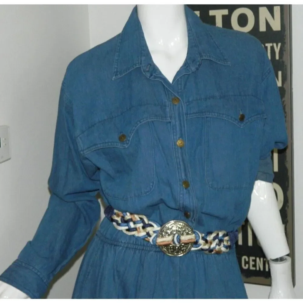 Vintage‎ Belt Blue White Boho Braided Cord and Silver Metal Medallion XS/S
